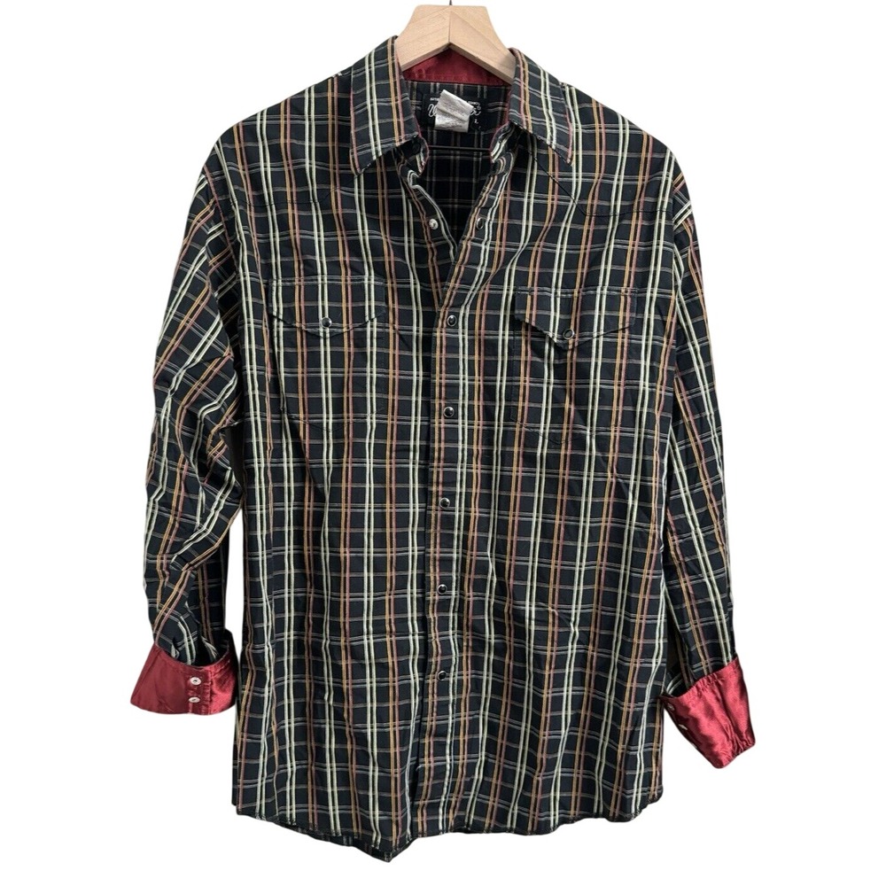 Wrangler Men's Large Western Style Black Plaid Pearl Snap Satin Cuffs Button Up